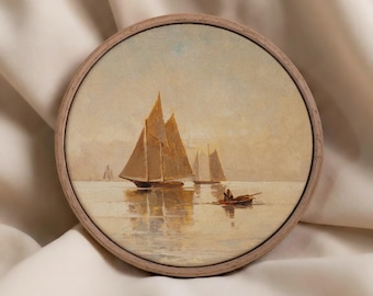Sailboats Sunset Oil Painting Print – Round Nautical Canvas Wall Art