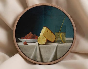 Lemon Cake and Berry Still Life Canvas in Hoop Frame - Kitchen Wall Decor