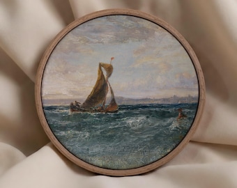 Vintage Ship Painting Print - Round Coastal Nautical Wall Art