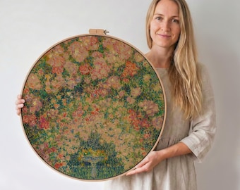 Large Round Floral Framed Canvas Print, Vintage Impressionist Garden Painting, Cottagecore Boho Decor