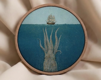 Giant Squid & Sailing Ship Round Canvas Wall Art, Framed Nautical Ocean Print, Quirky Sea Monster Decor, Coastal Wall Art