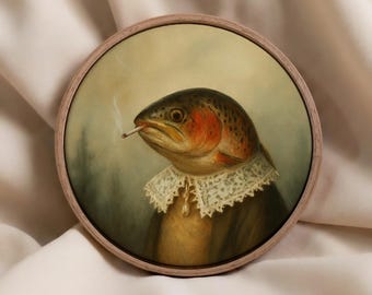 Whimsical Trout Portrait Wall Art, Funny Animal Canvas Print, Quirky Vintage Style Decor, Cottagecore Eclectic Home Art