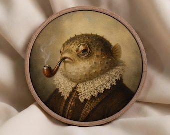 Victorian Pufferfish Round Canvas Wall Art, Framed Quirky Fish Portrait, Dark Academia Decor, Whimsical Animal Print, Oddity Gift