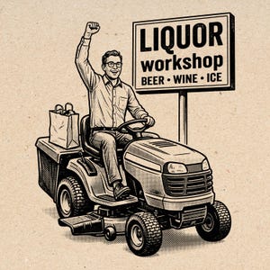 May include: A black and white line art illustration of a person wearing glasses and a button-down shirt, riding a lawn mower with a raised fist. A paper bag sits on the back, and a sign reads LIQUOR workshop BEER • WINE • ICE.