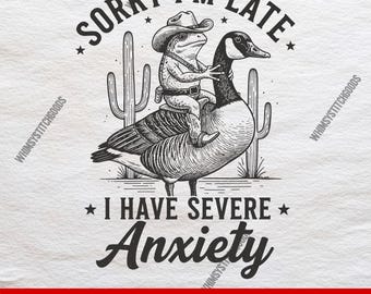 Rana montando ganso SVG PNG / Diseño de camiseta con meme de ansiedad divertida / Arte digital de rana vaquera / Archivo de corte con humor occidental peculiar / Salud mental