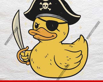 May include: A yellow cartoon duck wearing a black pirate hat with a skull and crossbones, an eye patch, and holding a sword. The image has a distressed texture and the text "COMMERCIAL USE PNG & SVG / INSTANT DOWNLOAD" in a red banner.