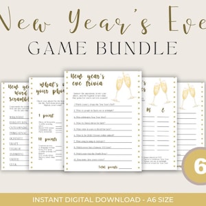 Pode incluir: Um pacote de jogos de Ano Novo com seis folhas de jogo imprimíveis. As folhas apresentam texto dourado e ilustrações de taças de champanhe. Os jogos incluem trivia, caça-palavras e um jogo de telefone. O texto "Instant Digital Download - A6 Size" está na parte inferior.