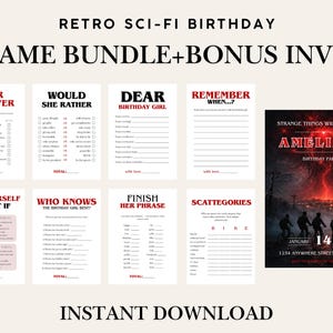 Lot de jeux de fête d'anniversaire science-fiction rétro des années 80, fête sur le thème de la science-fiction, faire-part d'anniversaire mystère, rouge et noir, fête d'anniversaire ado
