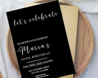 Minimal Black and White Birthday Party Invitation Template, Minimalist Elegant Black Invite (Digital Download)