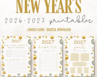 May include: A set of three printable New Year's planning sheets for 2026-2027 featuring gold and gray circular accents. The pages include sections for resolutions, a bucket list, and goals with the text 2027 and +BONUS GAME • DIGITAL DOWNLOAD.