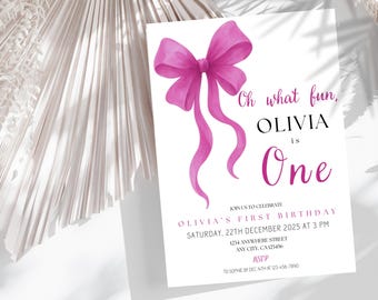 Pink Bow First Birthday Invitation, Editable Canva Party Invite (Digital Download)