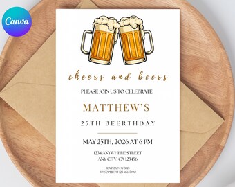 Editable Cheers and Beers Birthday Invitation, Beer Mug Design (Canva Template Digital Download)