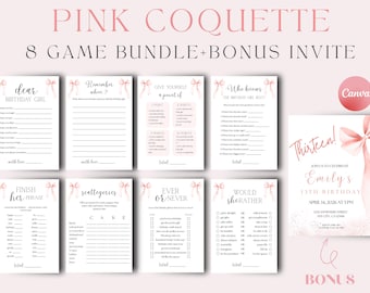 Pink Bow Birthday Party Game Bundle, Coquette Theme (Printable, Editable Invite)