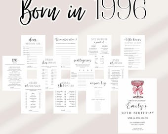 30th Birthday Games, 1996 Trivia, Born in 1996 Party Games and Invitation for Her (Digital Download)