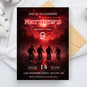 May include: Birthday party invitation with a red and black theme. The invitation features the text "JOIN US TO CELEBRATE MATTHEW'S BIRTHDAY PARTY 9" and the date "JANUARY 14 AT 3 PM". The invitation also includes an address and RSVP information. Four figures on bicycles are silhouetted in front of a forest.