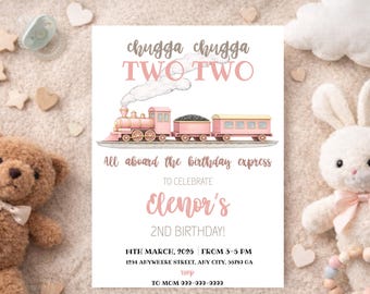 Invitación de cumpleaños editable con temática de tren rosa, Chugga Chugga Two (descarga digital)