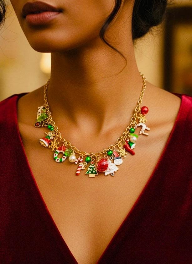 Christmas Charm Necklace Handmade Gold Tone Holiday Jewelry Xmas Gift for Her