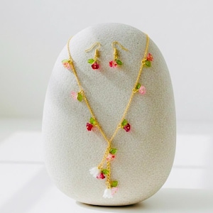 Nature Inspired Dangle Necklace and Earring Set |   18K Gold Plated Minimalist Floral Jewelry.
