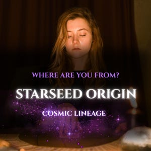 May include: An image with the text "WHERE ARE YOU FROM? STARSEED ORIGIN COSMIC LINEAGE". A woman with long blonde hair and closed eyes is centered in the image. The background is dark with a purple and white glow.