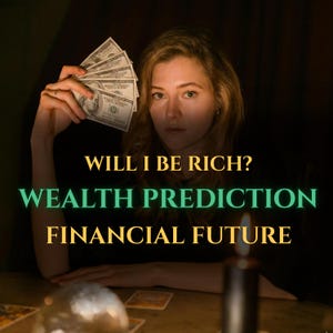 Könnte beinhalten: Eine Frau hält einen Fächer aus 100-Dollar-Scheinen, mit Text-Overlay: "WILL I BE RICH? WEALTH PREDICTION FINANCIAL FUTURE." Das Bild hat eine dunkle, mysteriöse Atmosphäre, die Wahrsagerei oder Finanzberatung suggeriert.