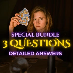May include: A person holding tarot cards with a celestial design. The image has text that reads "SPECIAL BUNDLE 3 QUESTIONS DETAILED ANSWERS". A crystal ball and a lit candle are in the foreground, creating a mystical atmosphere.