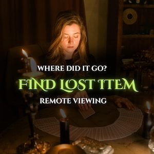 May include: A dimly lit scene with a woman and a deck of cards on a table. The text "WHERE DID IT GO? FIND LOST ITEM REMOTE VIEWING" is displayed in green and white. Lit candles provide the primary light source.