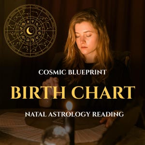 May include: A gold circular zodiac wheel graphic with constellations and symbols sits above the text COSMIC BLUEPRINT BIRTH CHART NATAL ASTROLOGY READING. The image features a person in a dark setting with a lit candle and spread cards.