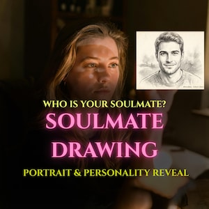 Può includere: Una grafica digitale che presenta un disegno a matita in bianco e nero di un uomo con un maglione a girocollo. Il testo recita: WHO IS YOUR SOULMATE? SOULMATE DRAWING PORTRAIT & PERSONALITY REVEAL. Lo sfondo è un'immagine scura e sfocata.