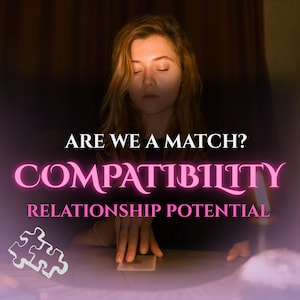 Puede incluir: Imagen con texto: "ARE WE A MATCH?" y "COMPATIBILITY RELATIONSHIP POTENTIAL." Una persona con los ojos cerrados está en el centro. Una pieza de rompecabezas está en la esquina inferior izquierda. La imagen tiene un fondo degradado púrpura y negro.
