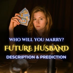 Könnte beinhalten: Eine Frau hält Tarotkarten mit einem himmlischen Design. Das Bild enthält den Text "WHO WILL YOU MARRY? FUTURE HUSBAND DESCRIPTION & PREDICTION". Der Hintergrund ist dunkel mit einer Kerze und einer Kristallkugel.