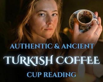 May include: A woman holding a small, ornate Turkish coffee cup filled with dark coffee. The cup and saucer have a blue and white floral design. The image includes the text "AUTHENTIC & ANCIENT TURKISH COFFEE CUP READING."