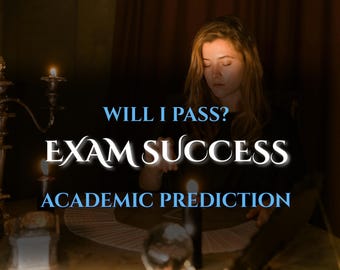 Peut inclure: Image avec le texte : "WILL I PASS? EXAM SUCCESS ACADEMIC PREDICTION". Une personne est assise à une table avec des bougies, une boule de cristal et des cartes de tarot. La scène est faiblement éclairée, créant une atmosphère mystique.