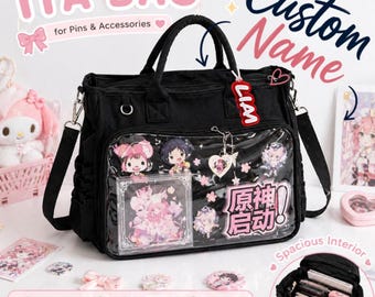 Mochila Ita personalizada, bolso Ita con inserto para exhibición de pines, bolso bandolera con ventana transparente, bolso de hombro Ita personalizado, bolso bandolera grande Kawaii