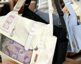 Ita Bag Messenger Bag, Clear Window Crossbody for Pins & Photocards, Kawaii Nylon Shoulder Bag, Cute Harajuku School Bag, y2k Ita Bag Summer