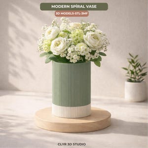 May include: A modern spiral vase with a green, ribbed design and a white base, holding a bouquet of white and green flowers. The vase sits on a round wooden stand. Text on the image reads "MODERN SPIRAL VASE" and "3D MODELS-STL-3MF".