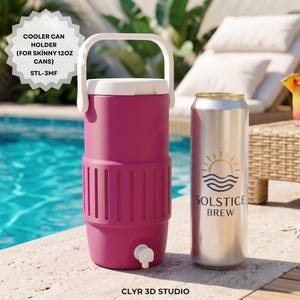 May include: A magenta cooler can holder with a white handle and lid, designed for skinny 355ml cans. Beside it is a silver can with the text "SOLSTICE BREW" and a sun and wave logo. The cooler has a spigot at the bottom.