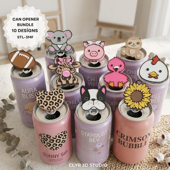 3D Printed Can Opener STL File Bundle | 10 Cute Animal Designs | Can Tab Opener with Cover | STL 3MF FDM Printer | Instant Digital Download