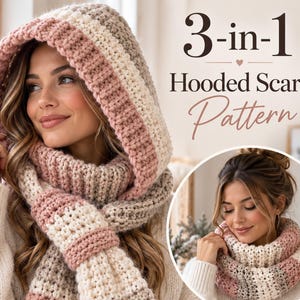 Könnte beinhalten: Ein 3-in-1 Kapuzenschal-Häkelmuster mit gestreiftem Design in Creme, Altrosa und Taupe. Das Accessoire besteht aus einer Kapuze und langen Schalenden mit gerippter Textur. Der Text lautet 3-in-1 Hooded Scarf Pattern und 3 sizes included.