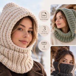 May include: A chunky knit hooded cowl in cream, sage green, and charcoal gray. The design features a ribbed texture and can be worn in three ways. The image includes text indicating a PDF pattern is available with four size options included.