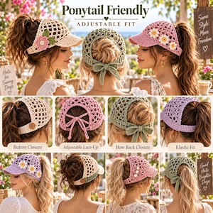 May include: A collection of crochet ponytail-friendly visors and hats in various colors including beige, sage green, pink, and lavender. Features include button closures, adjustable lace-up backs, bow back closures, and elastic fits with floral accents.