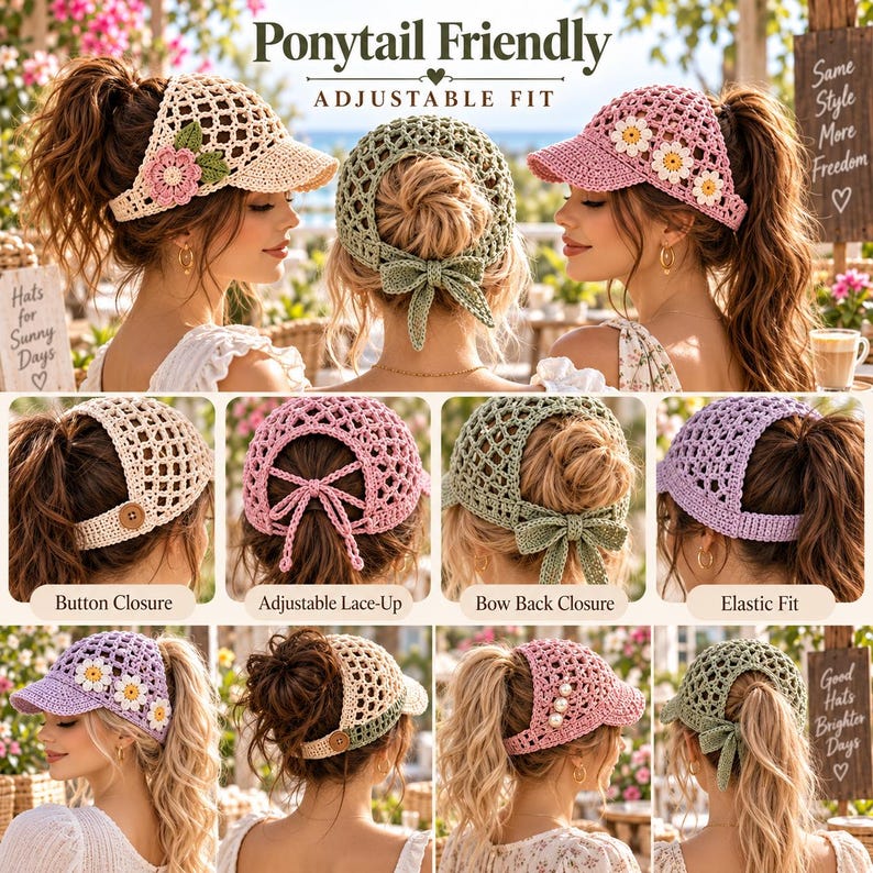 May include: A collection of crochet ponytail-friendly visors and hats in various colors including beige, sage green, pink, and lavender. Features include button closures, adjustable lace-up backs, bow back closures, and elastic fits with floral accents.