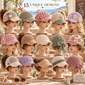 May include: A collection of 15 unique crochet baseball caps in various colors and patterns, including floral, textured, and bow-accented designs. Each cap is displayed on a mannequin head, showcasing intricate stitching and diverse styles for sunny days.