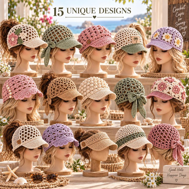 May include: A collection of 15 unique crochet baseball caps in various colors and patterns, including floral, textured, and bow-accented designs. Each cap is displayed on a mannequin head, showcasing intricate stitching and diverse styles for sunny days.