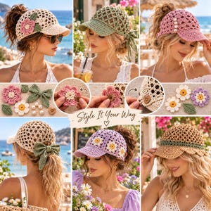 May include: A collection of crochet baseball caps featuring various designs including floral appliques, lattice patterns, pearl accents, and bows. The caps are shown in beige, sage green, pink, lavender, and tan, with some displaying detachable elements.