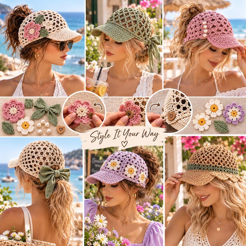 May include: A collection of crochet baseball caps featuring various designs including floral appliques, lattice patterns, pearl accents, and bows. The caps are shown in beige, sage green, pink, lavender, and tan, with some displaying detachable elements.