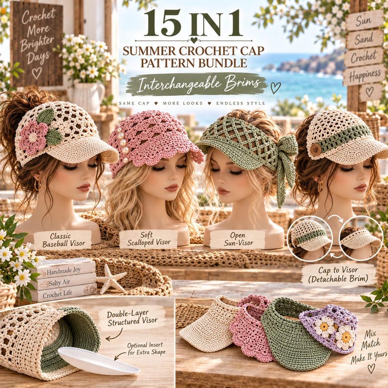 May include: A 15-in-1 summer crochet cap pattern bundle featuring interchangeable brims. The image displays various crochet visor styles, including a floral design, a scalloped edge, and an open sun-visor, with detachable brim options.