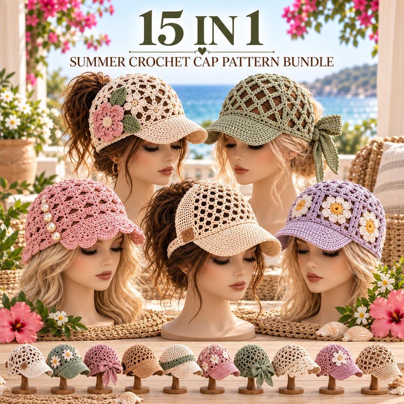 May include: A collection of crochet caps featuring various designs, including floral motifs, lattice patterns, and solid colors. The text 15 IN 1 SUMMER CROCHET CAP PATTERN BUNDLE is displayed at the top. The caps are shown on mannequin heads.