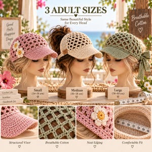 May include: Three crochet baseball caps in pink, beige, and sage green, each with a mesh pattern and structured visor. The pink cap features two white flower appliqu&eacute;s. The sage green cap includes a side bow. Sizes range from 54-60 cm as shown.