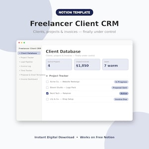 Freelancer Notion Template | Client CRM Project Tracker Invoice Log | Freelance Business Planner Dashboard | Notion Digital Download
