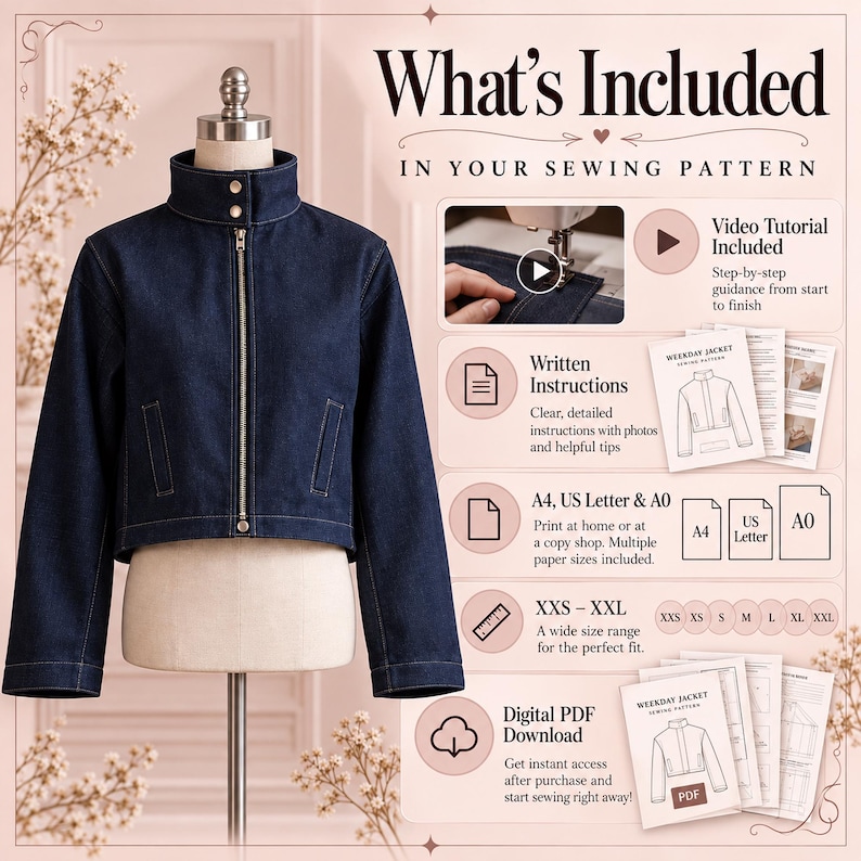 Weekday Jacket Sewing Pattern, Unisex Funnel Neck Cropped, Video ...